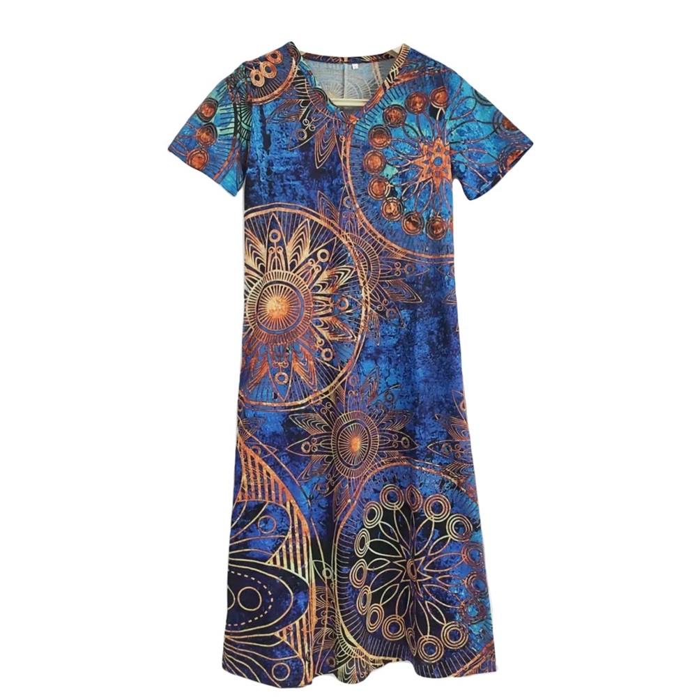 Plus Size Bohemian Inspired Print Short Sleeve Maxi Dress (3XL)